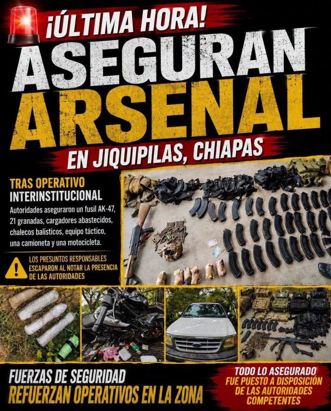 FUERTE OPERATIVOEN JIQUIPILAS: ASEGURAN ARMAMENTO, GRANADAS Y EQUIPO TÁCTICO