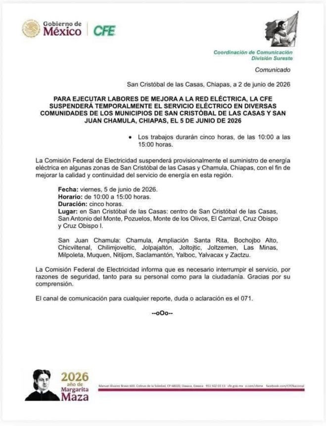 Apag&oacute;n programado afectar&aacute; a miles de usuarios en San Crist&oacute;bal y Chamula