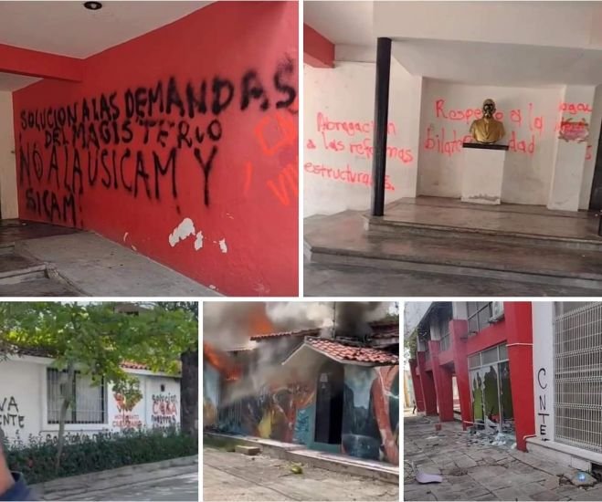 Integrantes de la CNTE  incendiaron y vandalizaron oficinas de los partidos los políticos