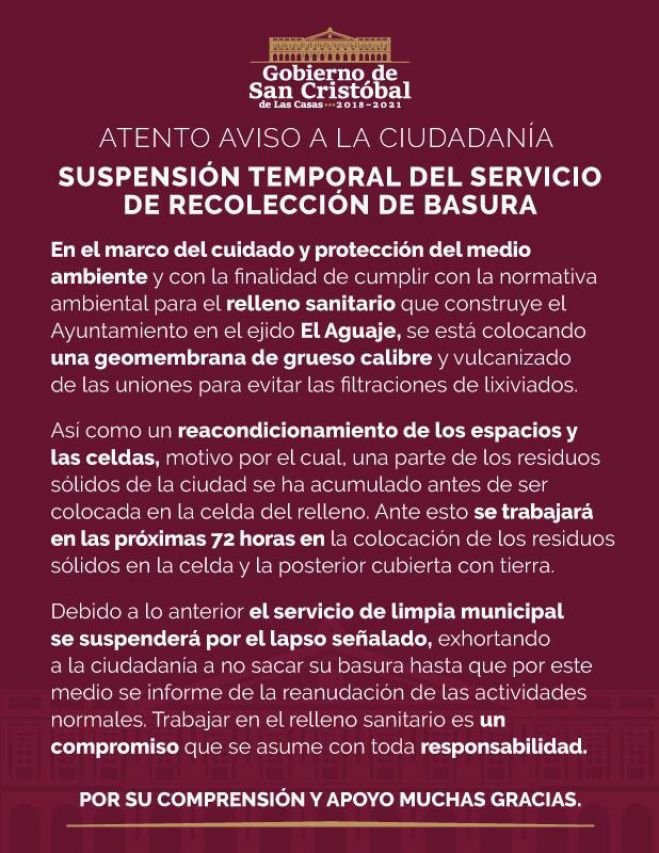ATENTO AVISO A LA CIUDADANÍA DE SAN CRISTÓBAL DE LAS CASAS.