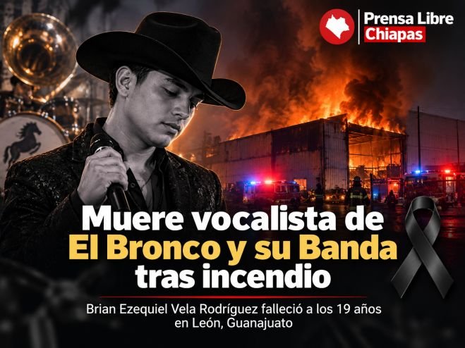 Ilustración sobre el fallecimiento de Brian Ezequiel Vela Rodríguez, vocalista de El Bronco y su Banda, tras incendio en León, Guanajuato.