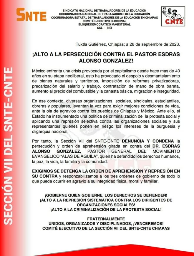 Organizaciones exigen alto a la represión y orden de aprehensión en contra de Esdras Alonso