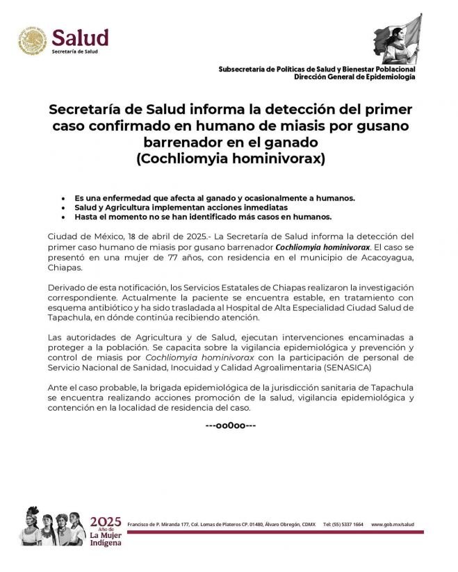 Confirman caso humano de miasis por gusano barrenador en Chiapas, México