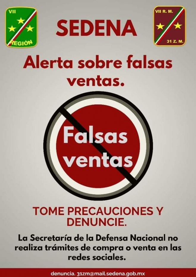 Sedena alerta sobre falsas ventas