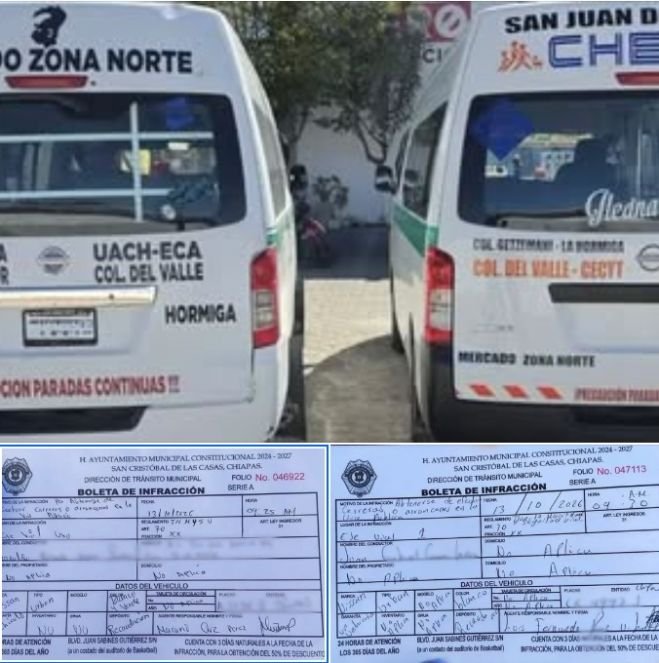 Dos unidades del transporte colectivo fueron sancionadas por presuntamente realizar carreras en el Eje Vial 1 de San Cristóbal de Las Casas, Chiapas.
