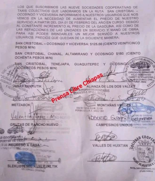 El primero de febrero incrementa el pasaje de San Cristóbal a Ocosingo