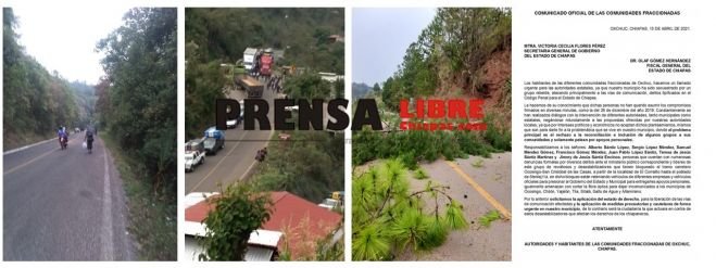 Piden aplicaci&oacute;n del estado de derecho ante bloqueos en Oxchuc