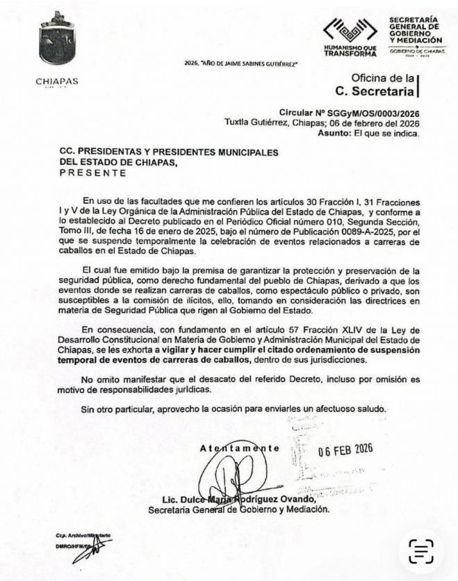 Gobierno de Chiapas exhorta a municipios a cumplir suspensi&oacute;n de carreras de caballos