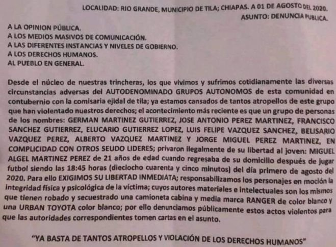 EXIGEN LIBERACIÓN DE JOVEN SECUESTRADO EN TILA