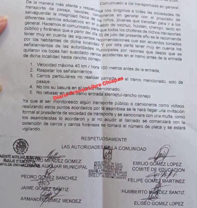 Oxchuc fija l&iacute;mite de 40 km/h y anuncia multas en carretera federal